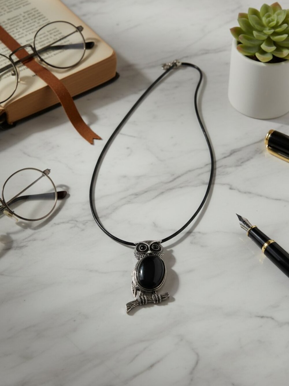 Obsidian Owl Pendant Necklace | Silver Tone Zinc Alloy, Black Leather Chain
